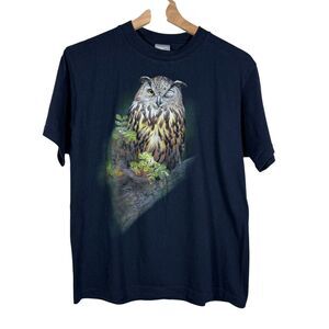 Harlequin Owl Bird Tee T-Shirt Mens Medium Graphic Animal Blue Navy